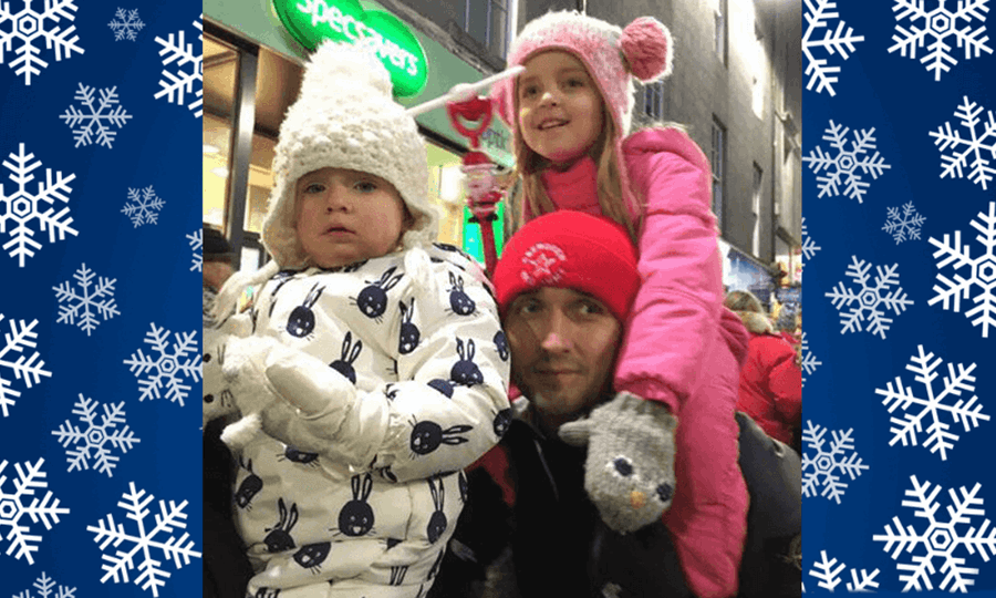 Grant and daughters Callie and Masyn wearing hats and gloves up for a cold day in town