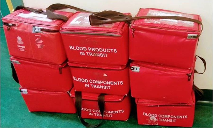 Stack of blood transition bags. 