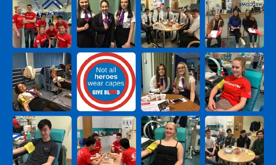 Collage of school pupils giving blood and posing for photos. 