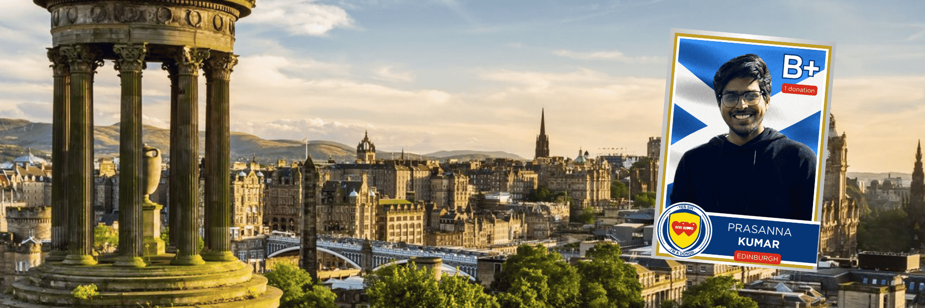 Photo of Edinburgh with image of Prasanna inset.