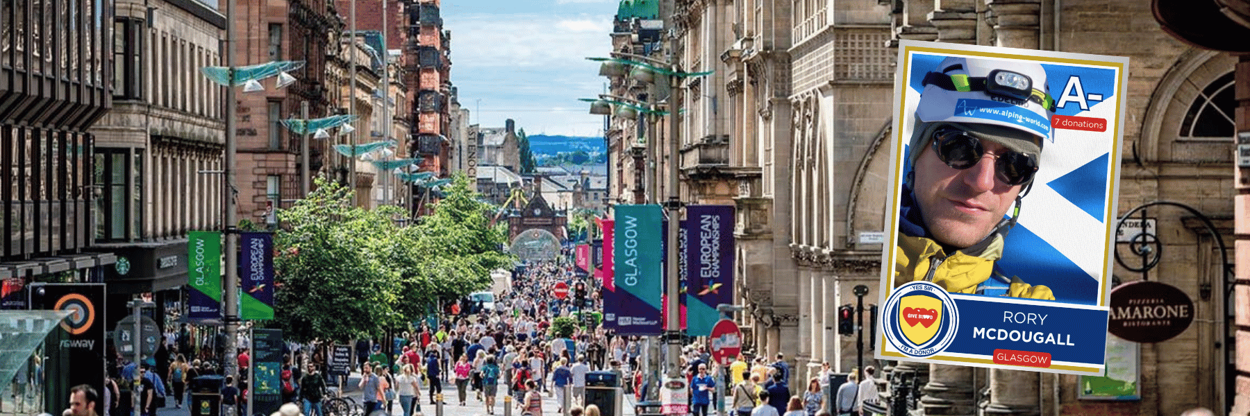Photograph of Glasgow street inset with picture of Rory
