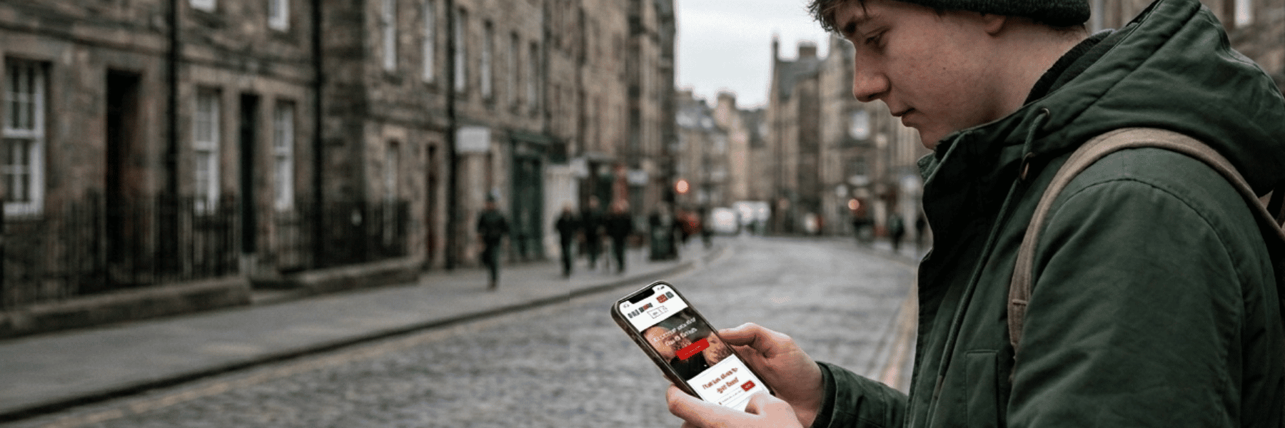 Young man in conn=bbled street looks at new website on phone