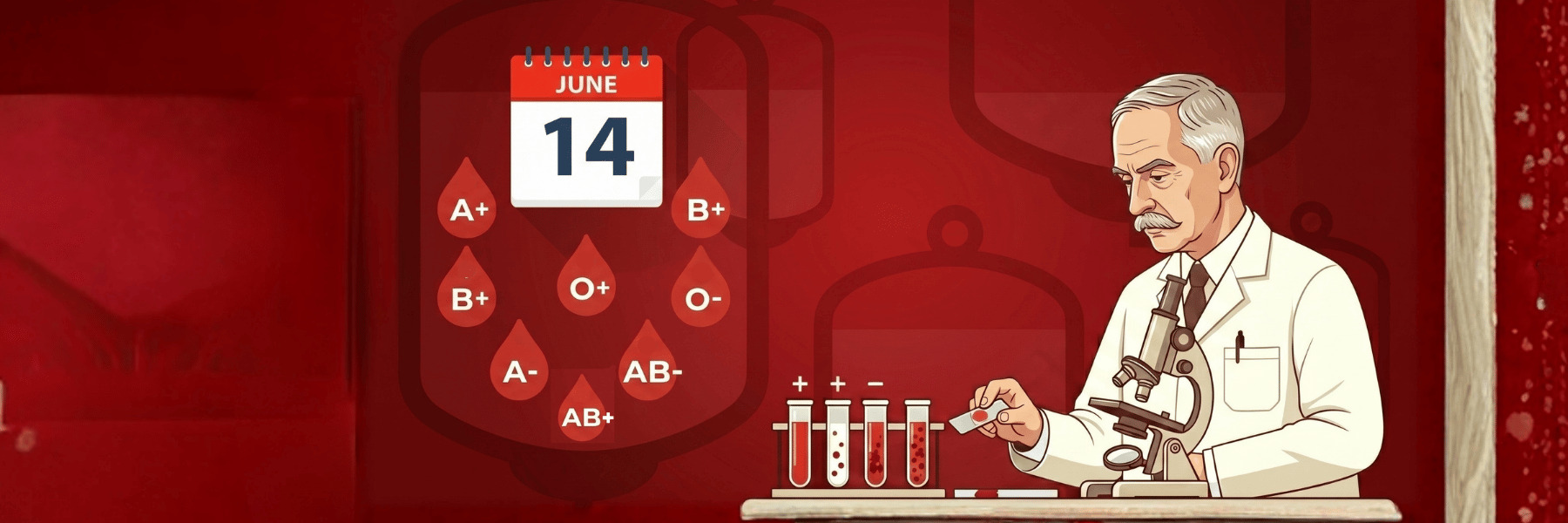 Illustration of Karl Landsteiner using a microscope to check blood samples