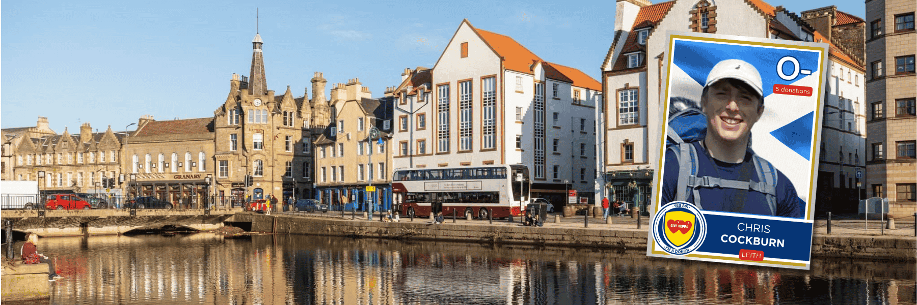 Background photo of Leith, inset with picture of Chris.