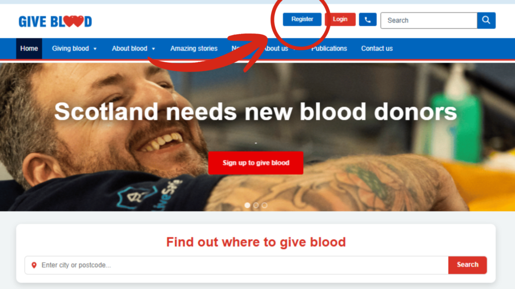 Screenshot of scotblood.co.uk homepage, with circle round ‘register’ button’