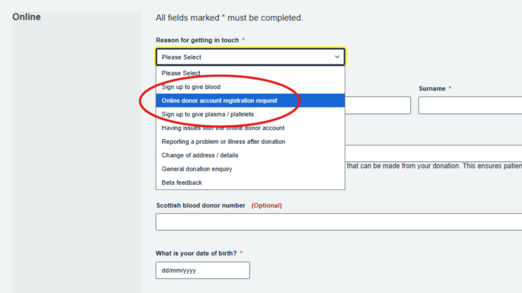 Screenshot of Contact Us page, highlighting option to pick