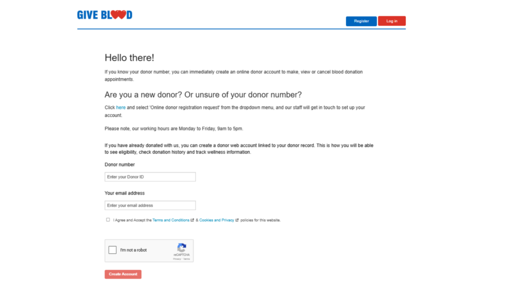 Screenshot of Donor Web Portal Welcome page