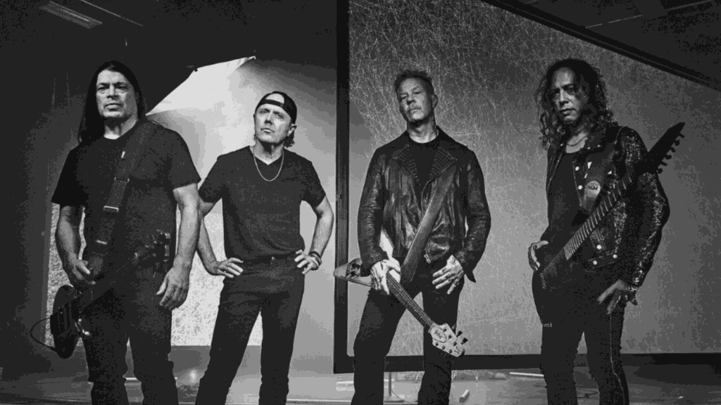 For members of Metallica pose together in a black and white group publicity shot